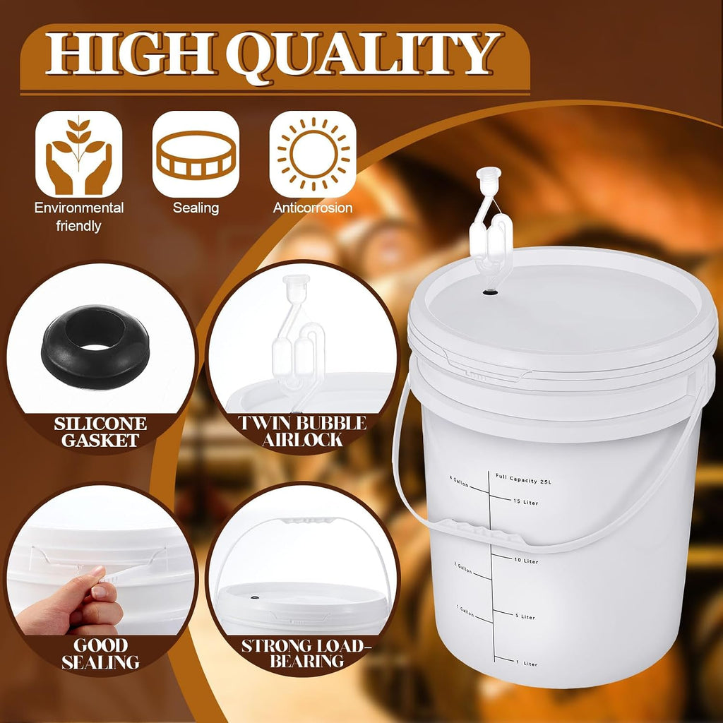 4 Pcs White 6.5 Gallon Fermentation Bucket with Twin Bubble Airlock Grommets Lid Brewing Wine Fermenter Fermentation