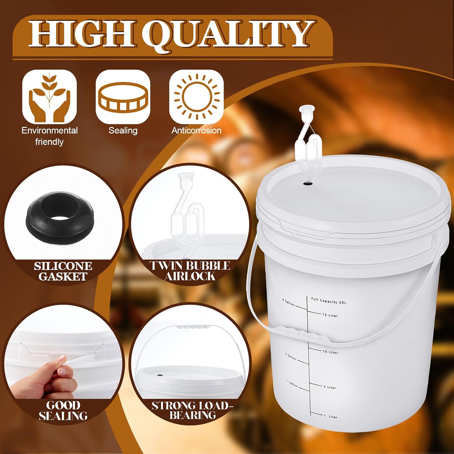 4 Pcs White 6.5 Gallon Fermentation Bucket with Twin Bubble Airlock Grommets Lid Brewing Wine Fermenter Fermentation