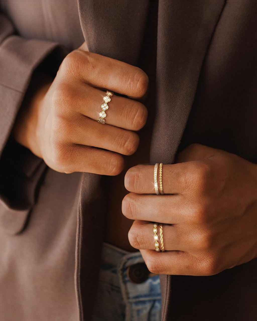 Gold Stackable Rings for Women Non Tarnish 14K Gold Plated Cubic Zirconia Stacking Chunky Eternity Band Rings Dainty