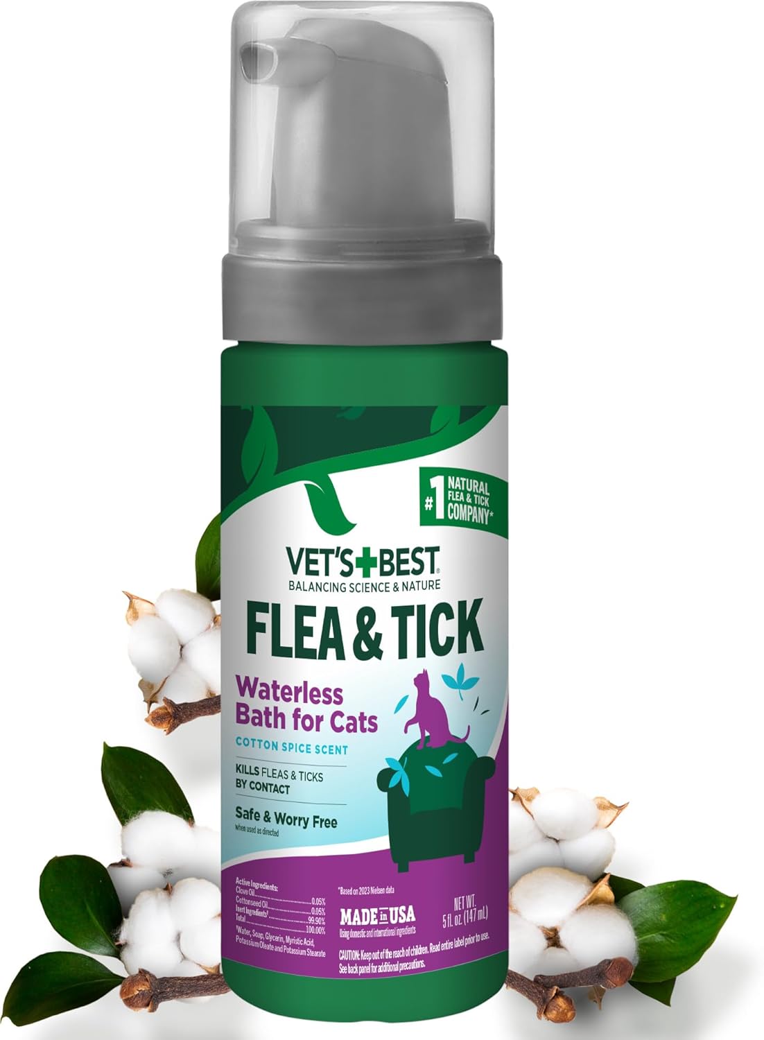 Waterless Flea & Tick Bath for Cats, Plant-Based, 5 oz