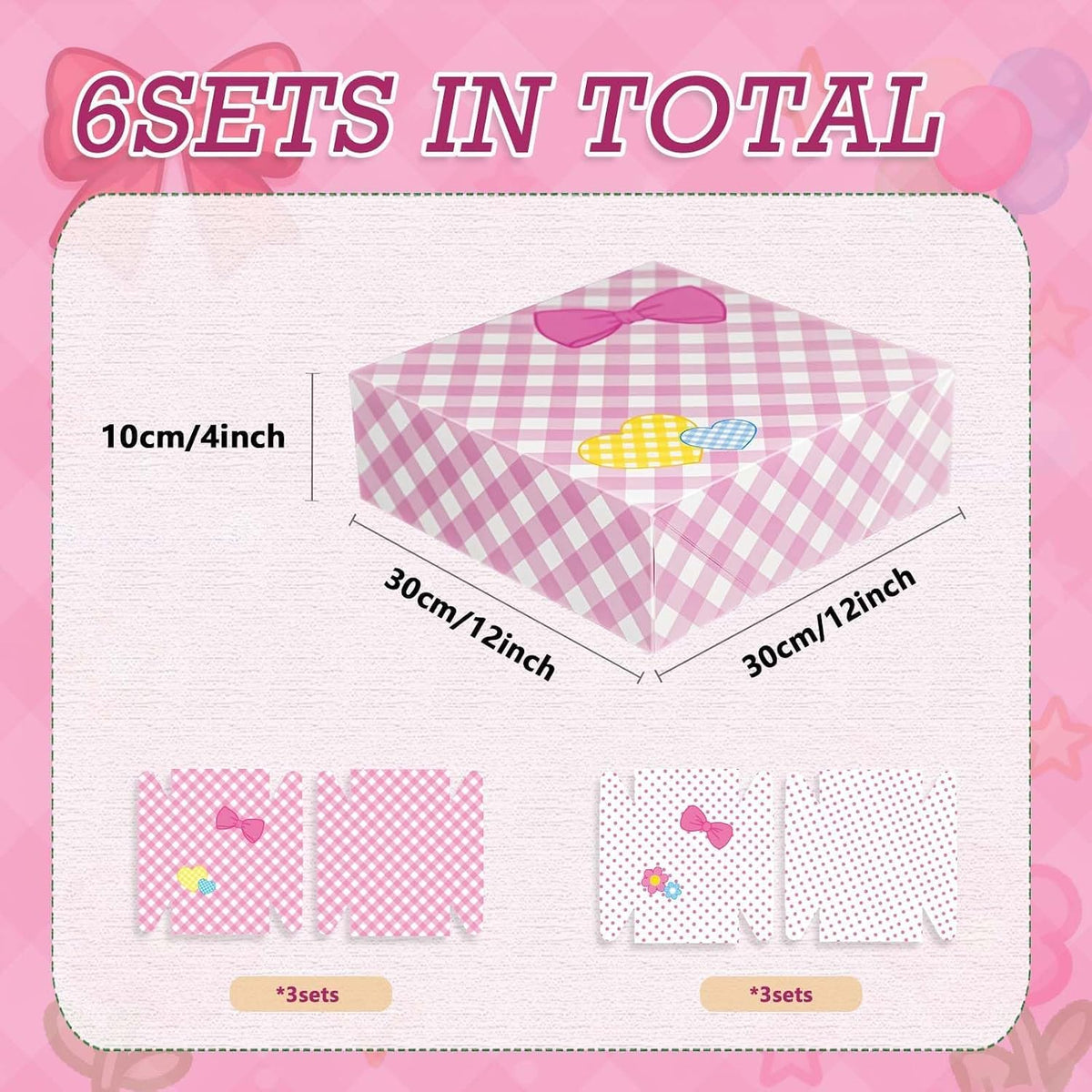 6Pcs Designed Gift Boxes With Lids,Bow Pattern Shirt Box, 12 * 12 * 4Inch Extra Large Pink and White Medium Clothes