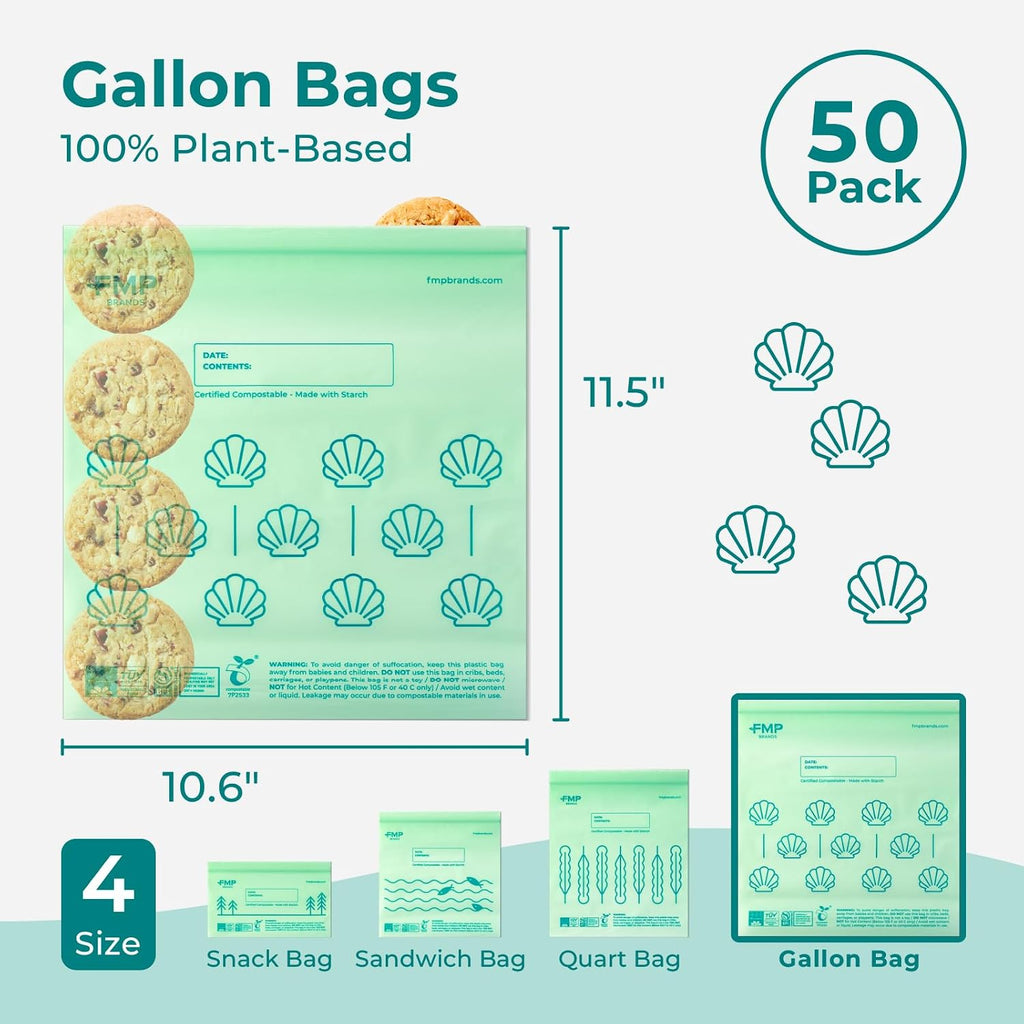 50 Pack 100% Compostable Food Storage Bags, 1 Gallon Freezer Bags, 10.6 x 11.5" Resealable Bag for Vegetables, Meat