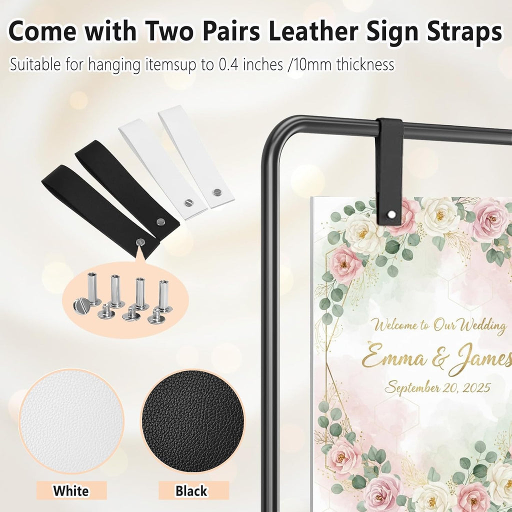 Wedding Welcome Sign Stand, Black Easel | Leather Sign Hanging Straps, Linen Sign Stand