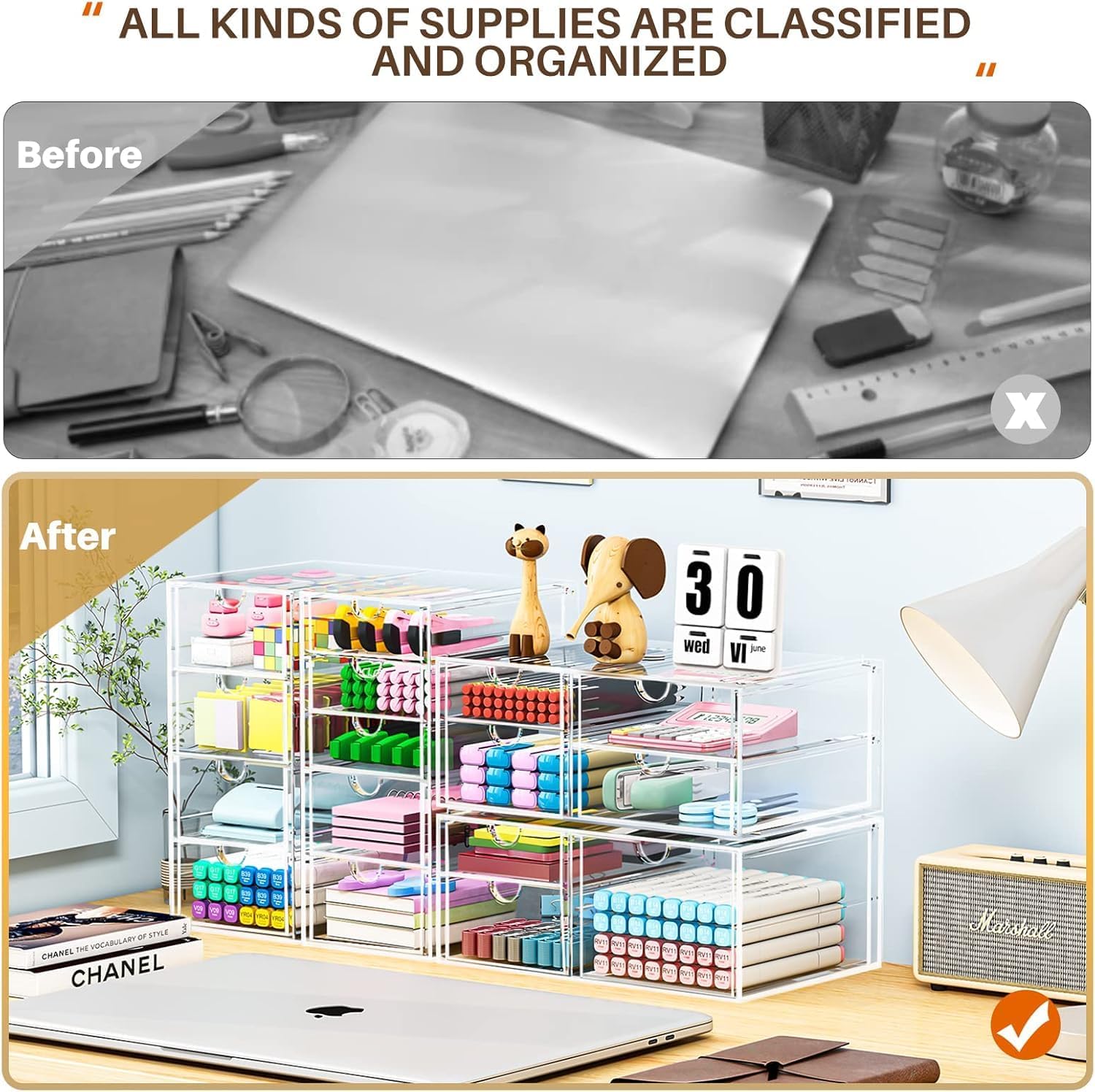 Makeup Organizer Storage With 16 Drawers, 4 Pcs Desktop Office Supplies, Desk Organizers, Clear Accessories