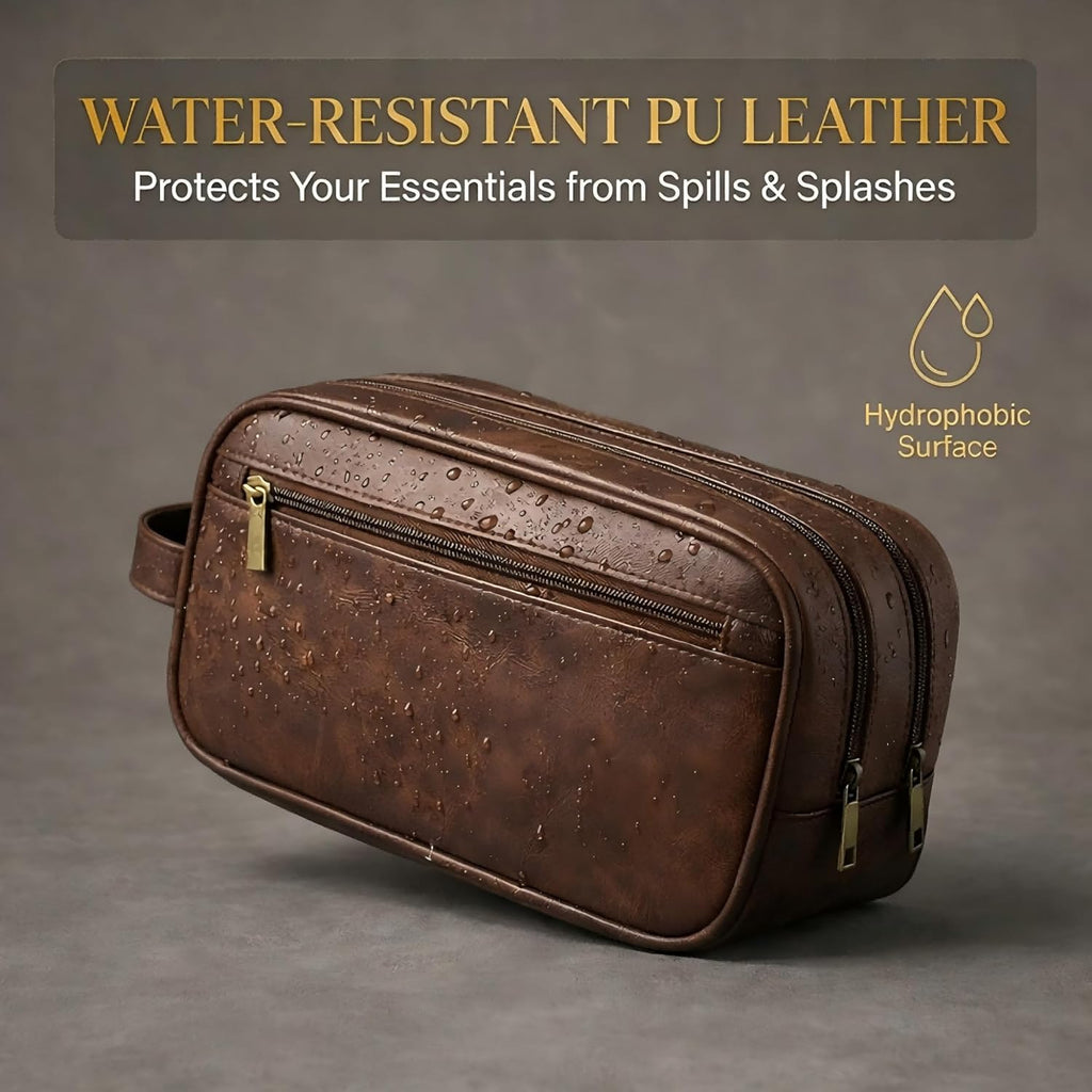 Men’s Toiletry Bag Travel Dopp Kit–double-deck PU Leather Water-Resistant Shaving Organizer Large Capacity, Double