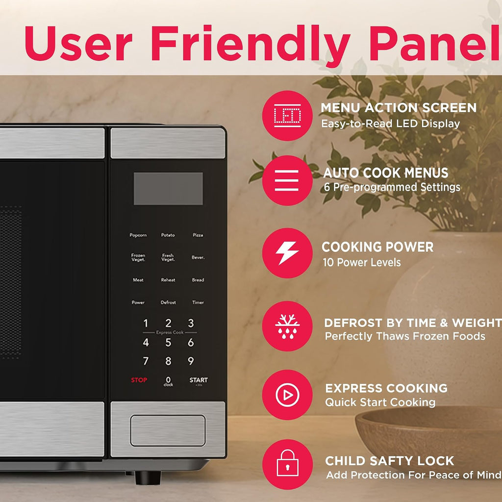 0.9 CU. FT. Microwave, Digital Control Panel - Auto Cooking Settings - Child Safety Lock - Stainless Steel
