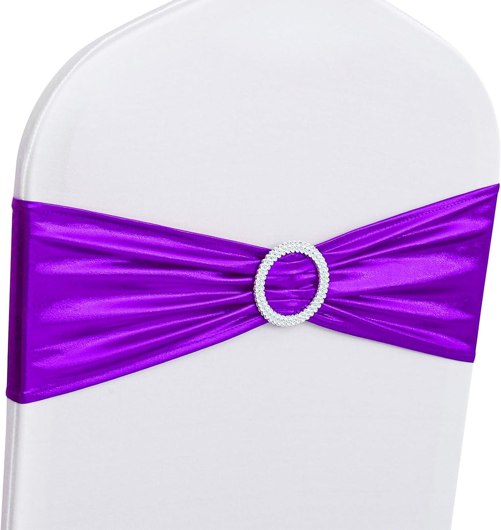 Purple Spandex Chair Sashes Bands 10 Packs Christmas Metallic Stretch Chair Ties Back Bows Bulk with Buckle Slider