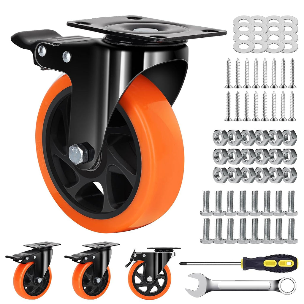 5 Inch Heavy Duty Orange Caster Wheel Set of 4,Dual Brake, Silence | Floor Protection, Stable Braking, Easy