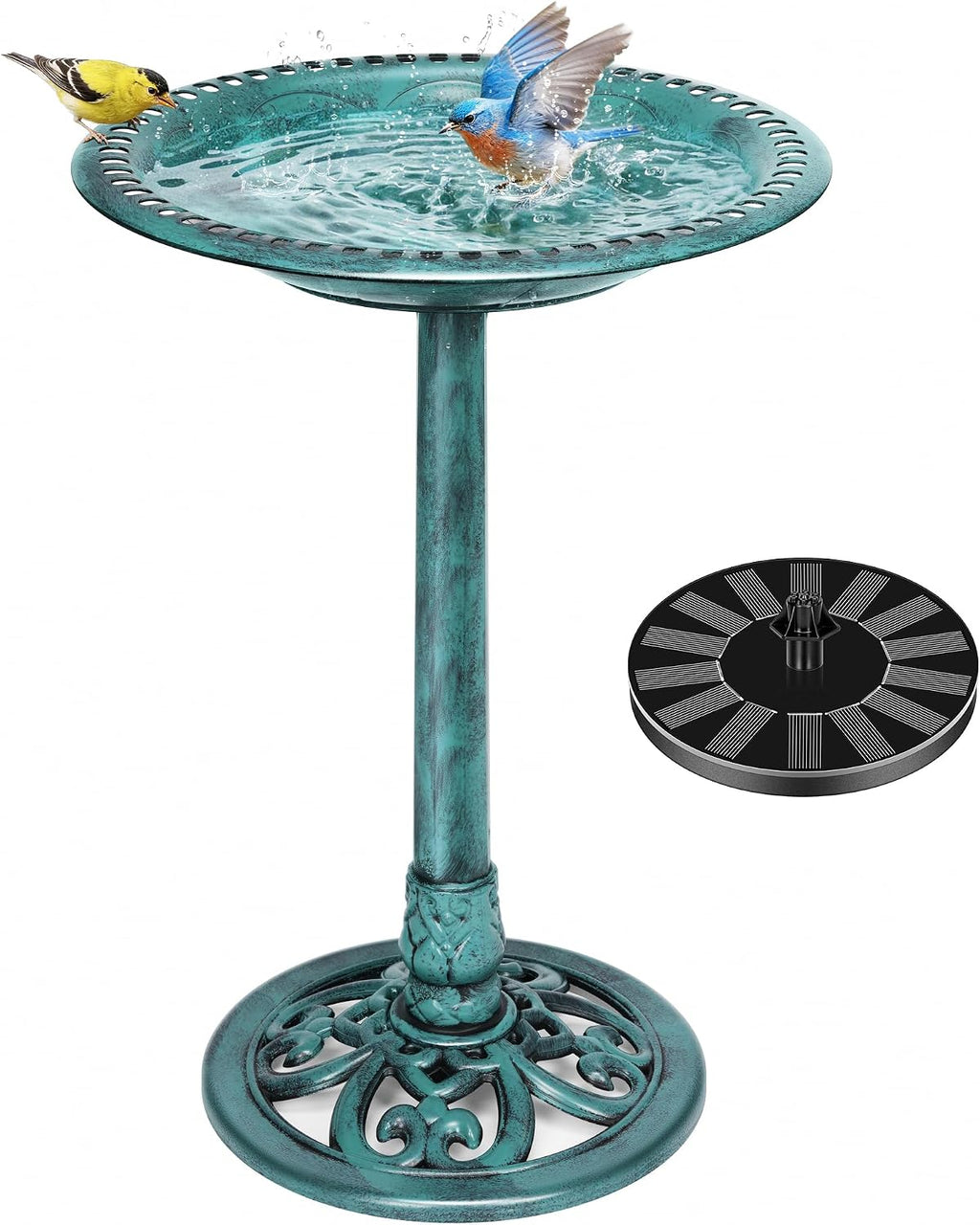 Bird Bath with Solar Fountain for Outside, Pedestal, Green