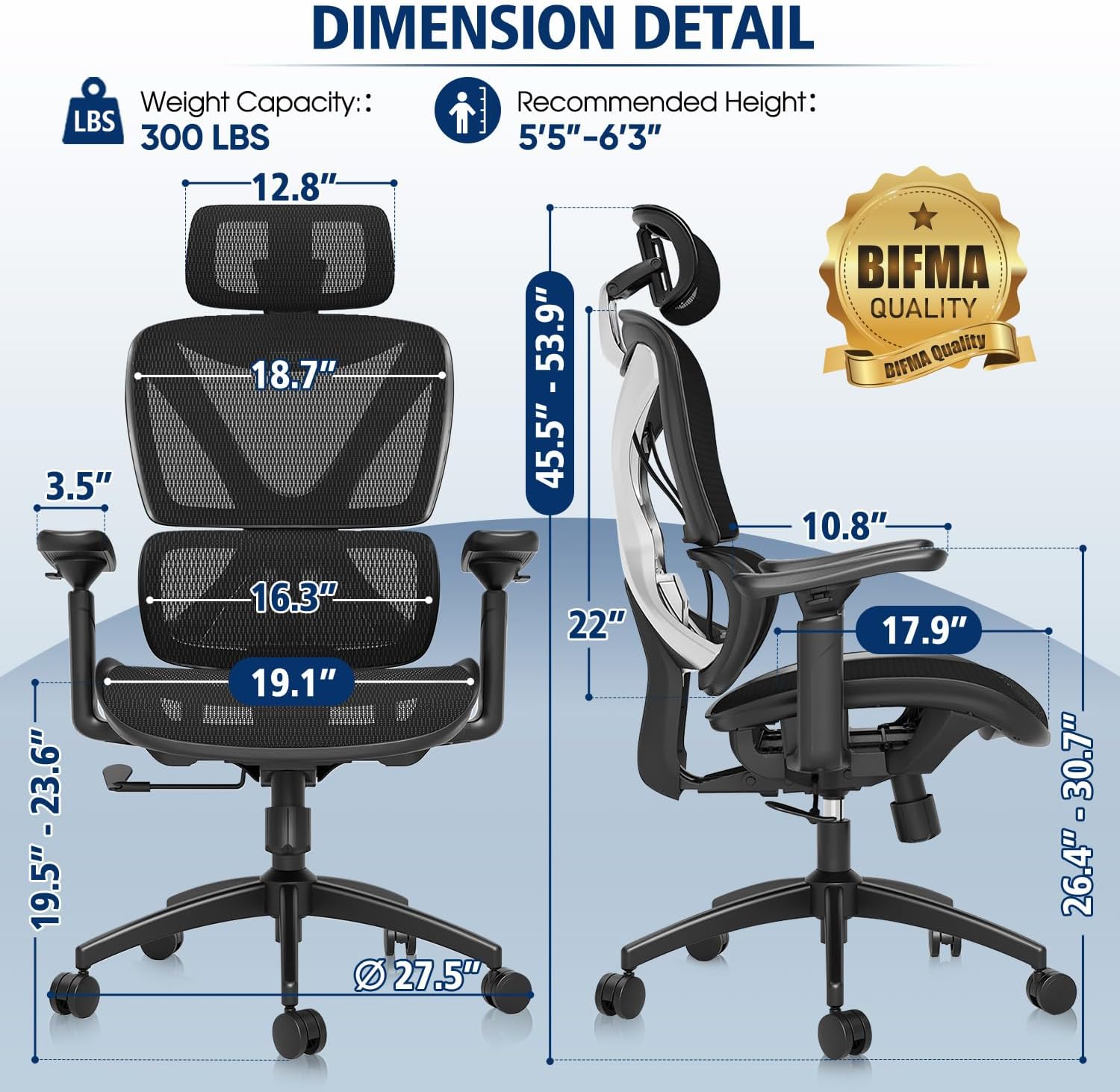 Ergonomic Office Chair, Big and Tall Mesh Chair with Lumbar Support, 3D armrest - 215° Rotation, Adjustable Headrest