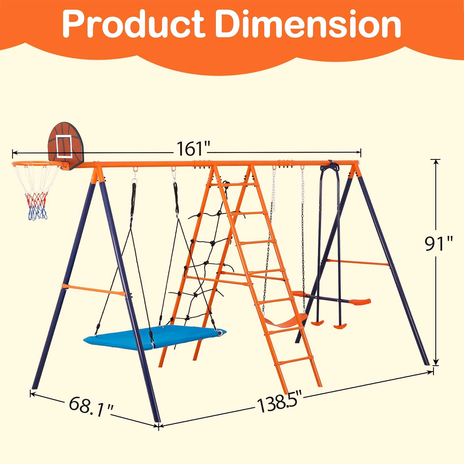 Outdoor Metal Swing Set for Kids, Heavy-Duty Metal Playground Set with Swings, Climbing Ladder, Trapeze Bar &