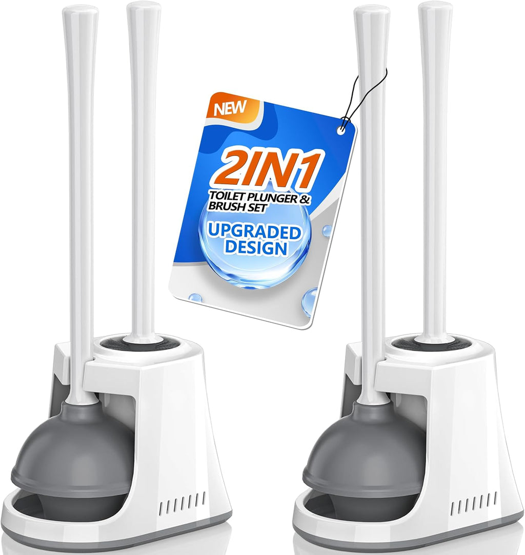 Toilet Plunger and Brush, Bowl Brush and Heavy Duty Toilet Plunger Set with Ventilated Holder, 2-in-1 Toilet Brush