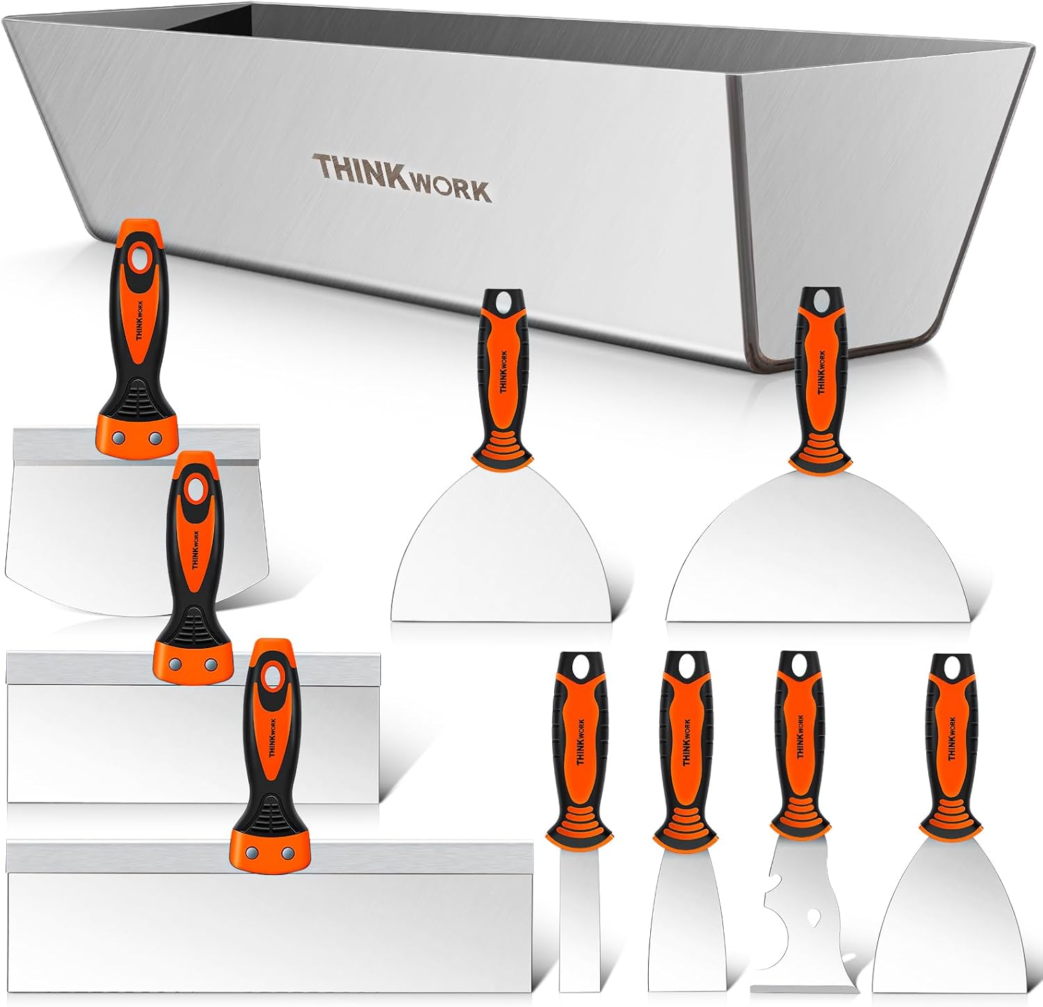 Drywall Knife Set, 10Pcs Drywall Tools Kit | Putty & Taping Knives, Painter Scraper, 14" Drywall Mud Pan and Scoop