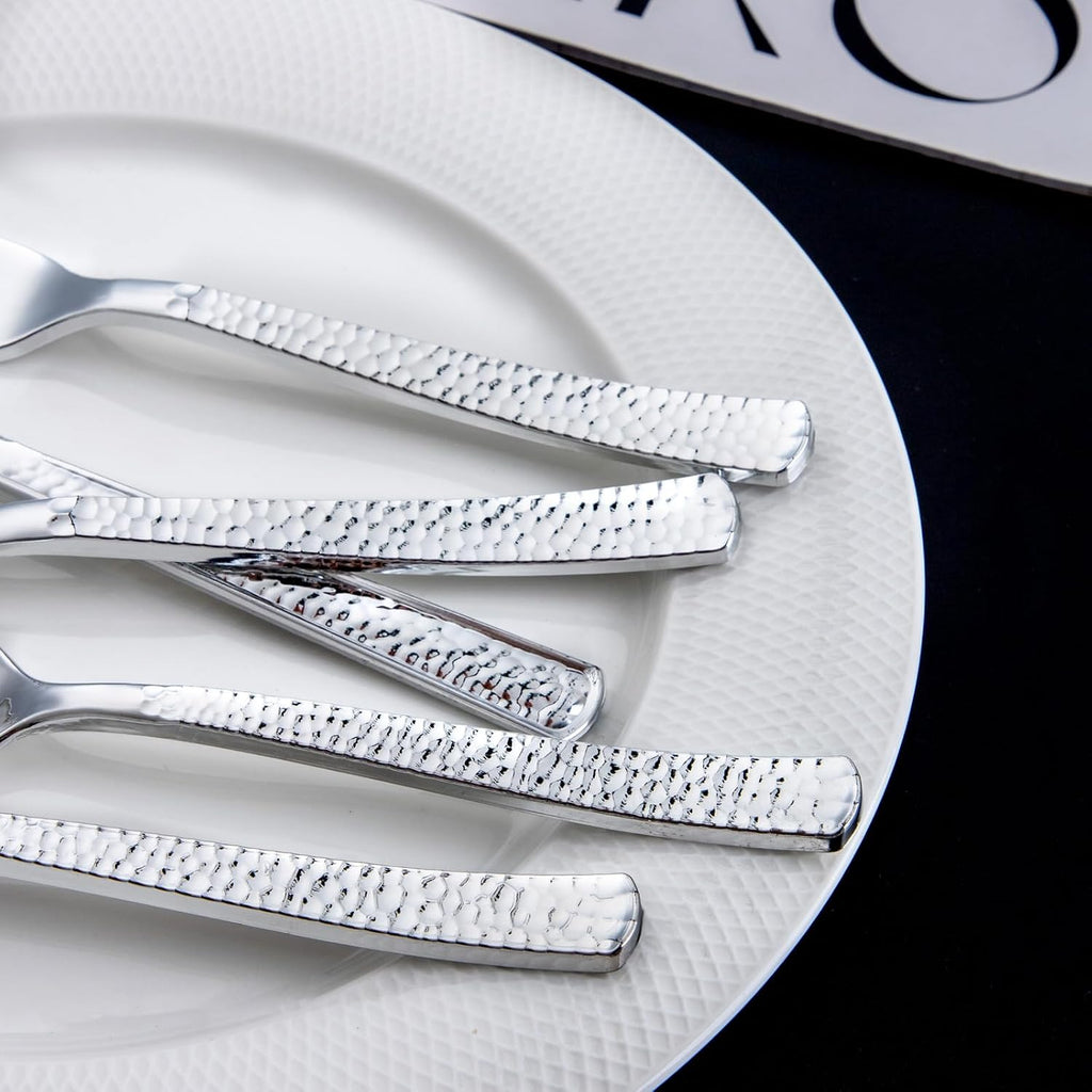 300PCS Hammered Silver Plastic Silverware, Disposable Cutlery Sets