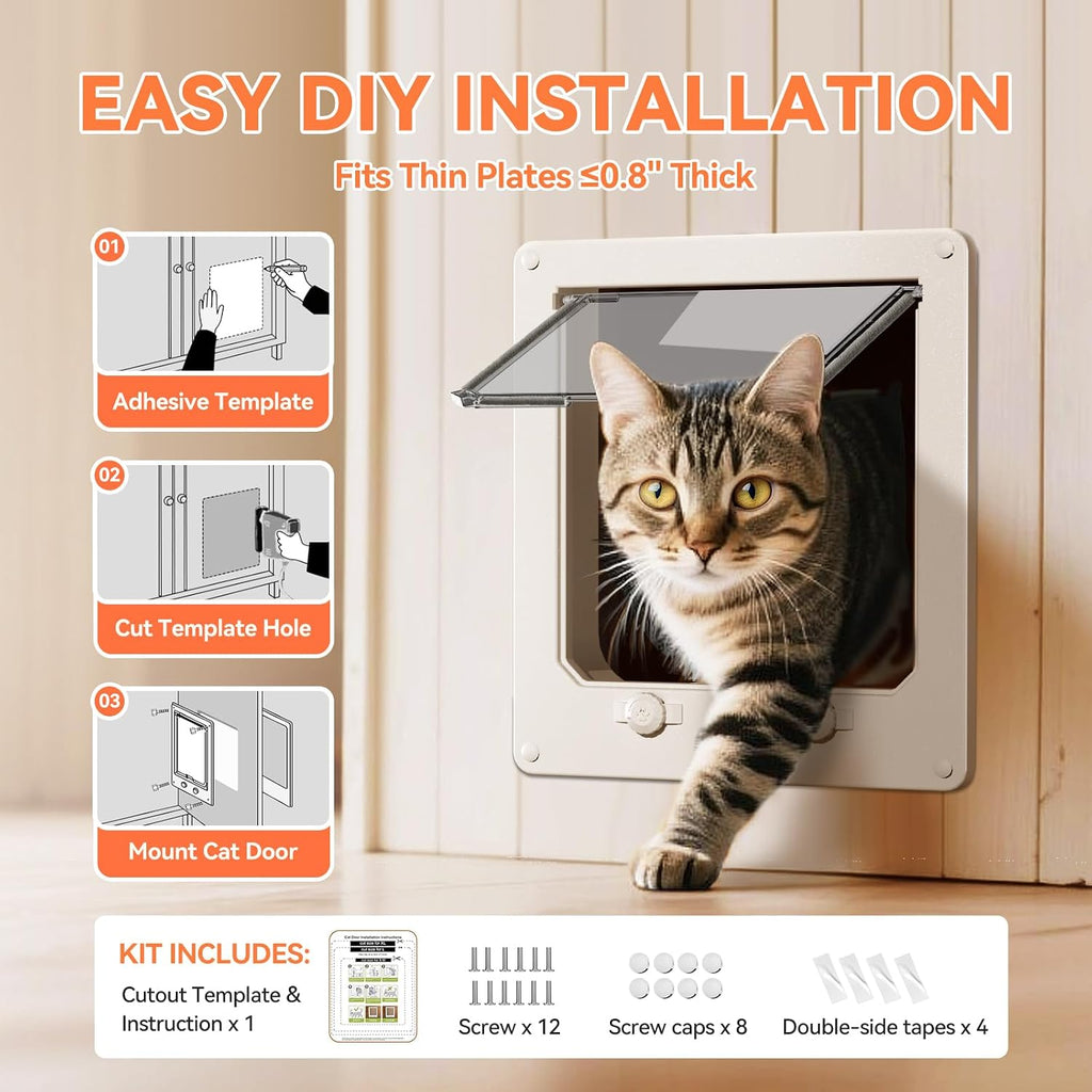 Thin Interior Cat Door, 4 Way Locking for Cats ≤25 lbs，Extra Large