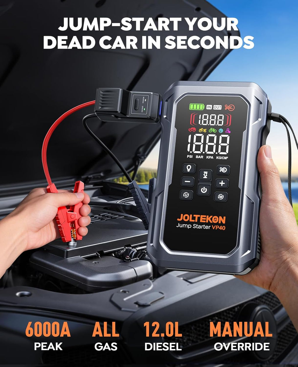 6000A 160PSI 9-in-1 Car Battery Jump Starter with Air Compressor & Air Blower (All Gas 12L Diesel), Battery Jumper