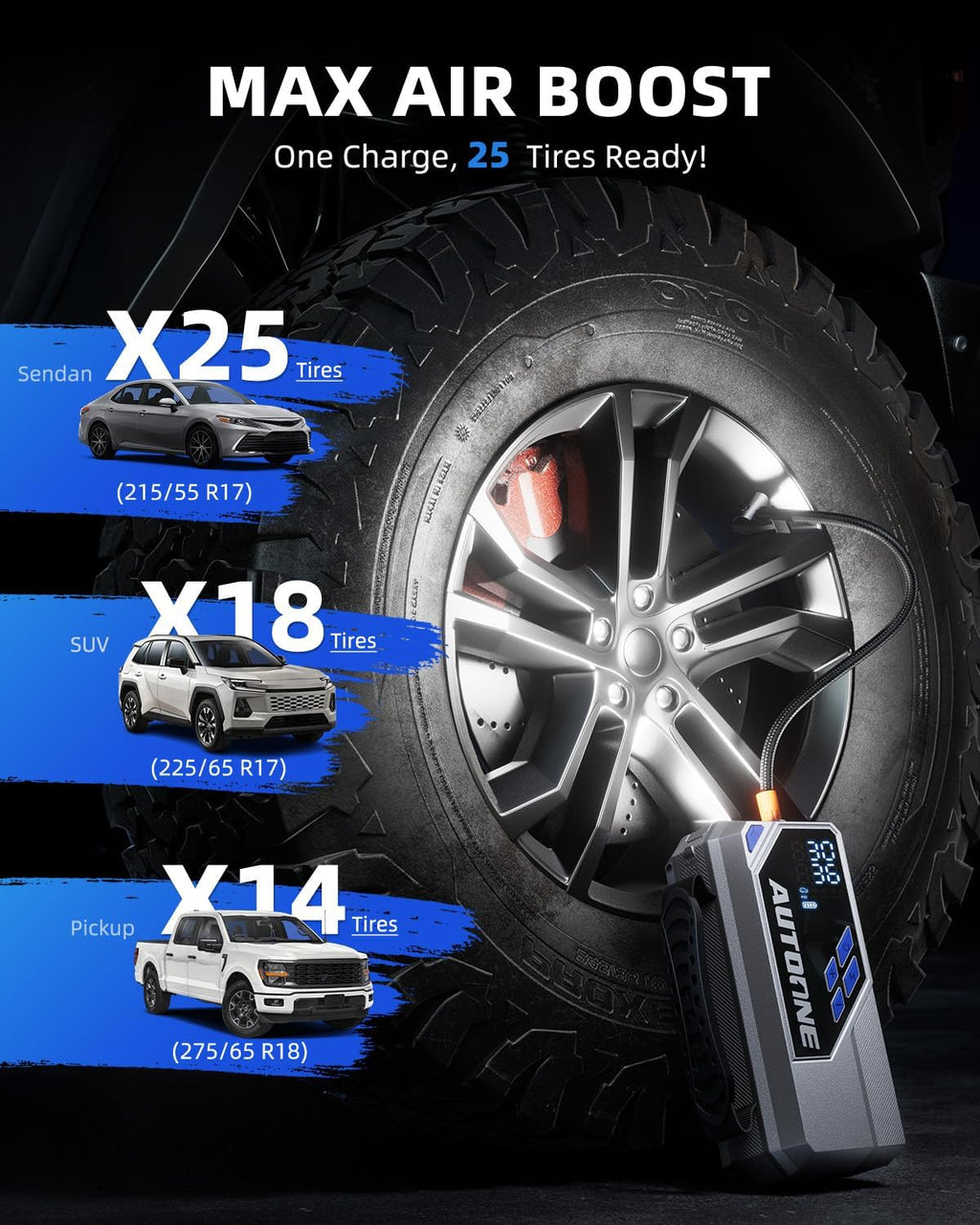 10000A Jump Starter with Air Compressor, 24000mAh Jump Box with Tire Inflator (All Gas & Diesel) Portable Car Battery