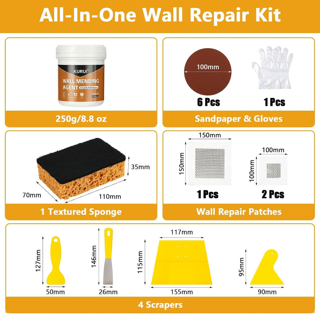 Drywall Repair Kit, 8.8oz Spackle Wall Repair Paste with Scraper, 6 Sandpaper Sheets & Self Adhesive Dry Wall Patch