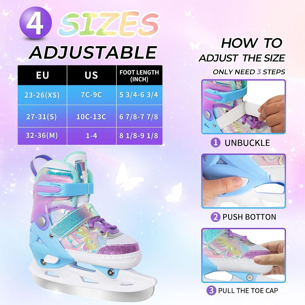Girls Ice Skates for Kids 4 Size Adjustable Butterfly Ice Skate with Fleece Lining for Outdoor & Rink