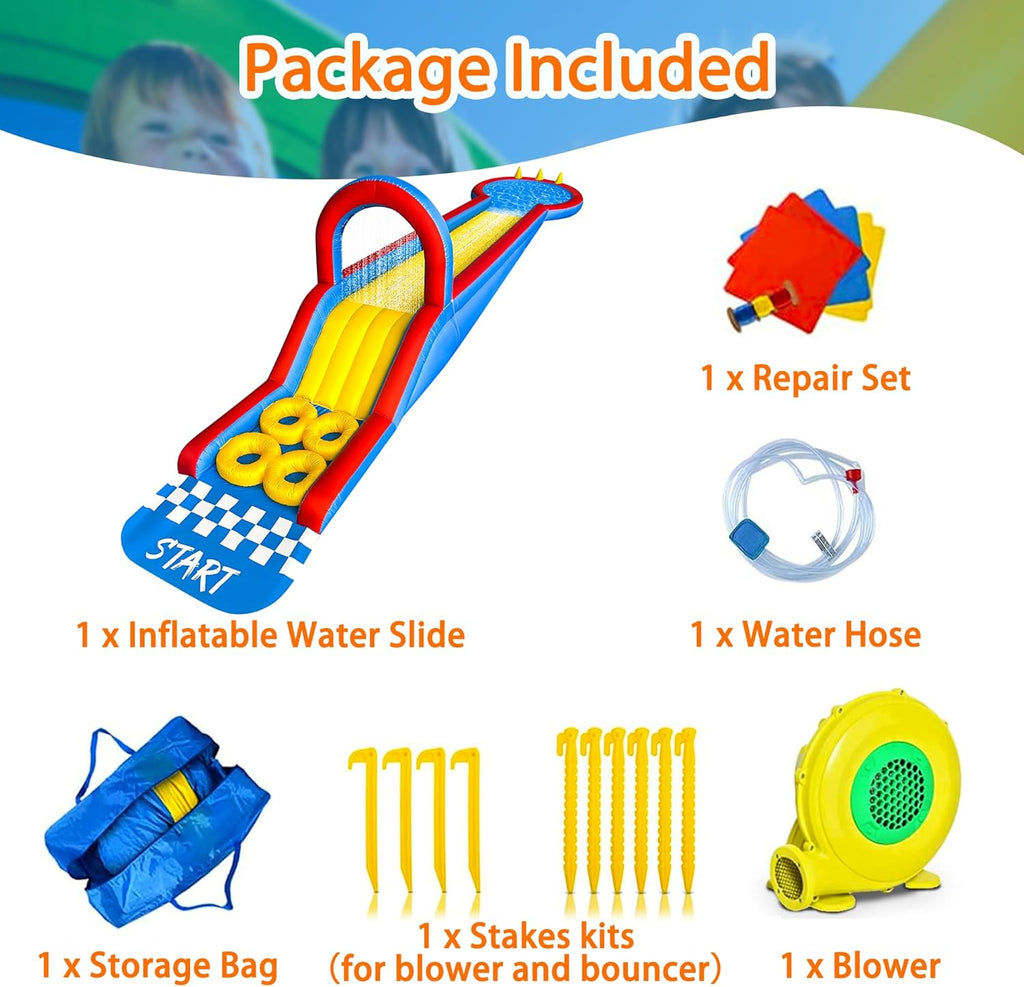 31FT Long Inflatable Water Slide,Water Park with Obstacle Courses,Climbing Ramp,Splash Pool & Overhead Sprinkle