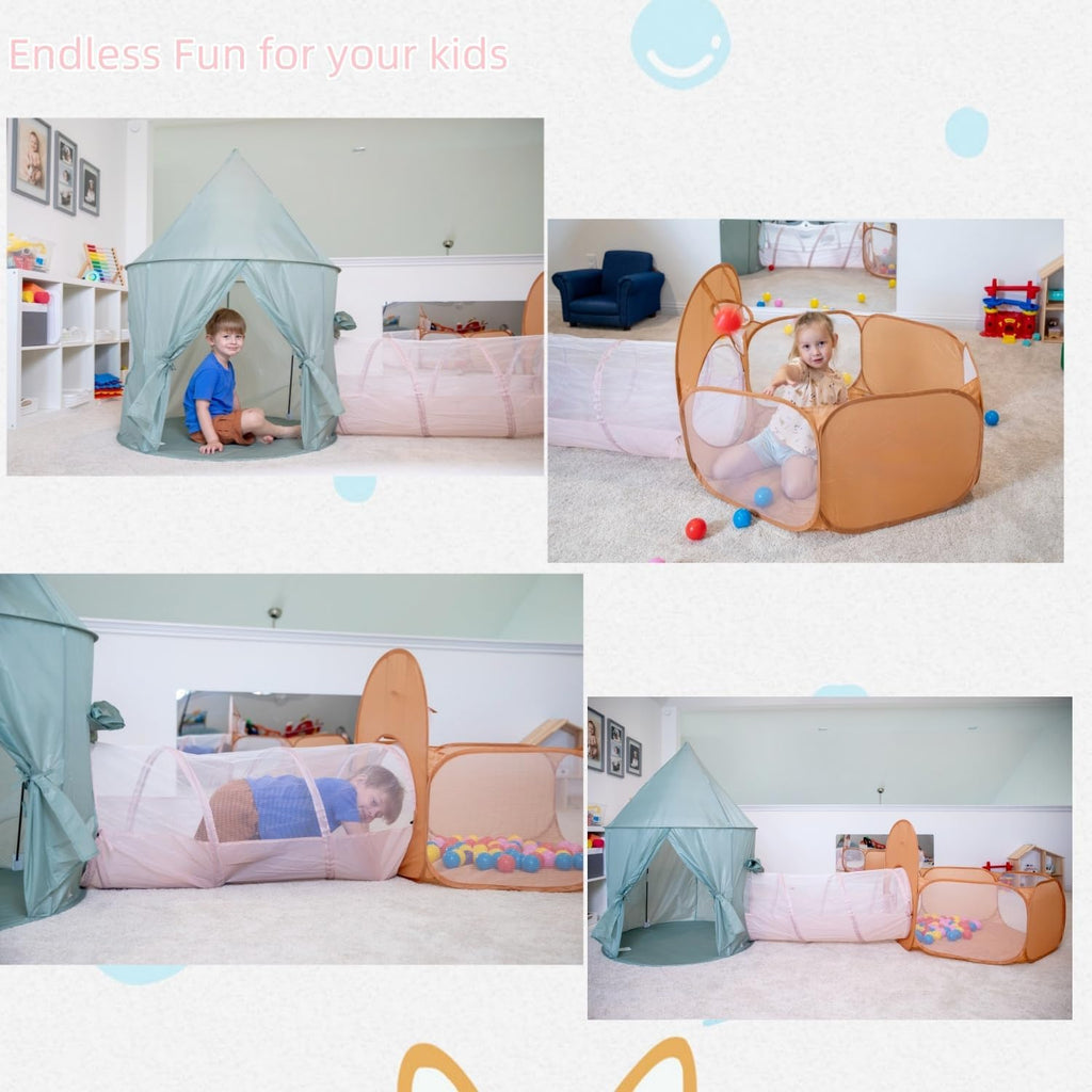 Pointed-Roof 3 in 1 Pop Up Play Tent with Ball Pit | Baby Ball Pit, Tunnel Toys for Toddlers 1-3, Soft Neutral Style