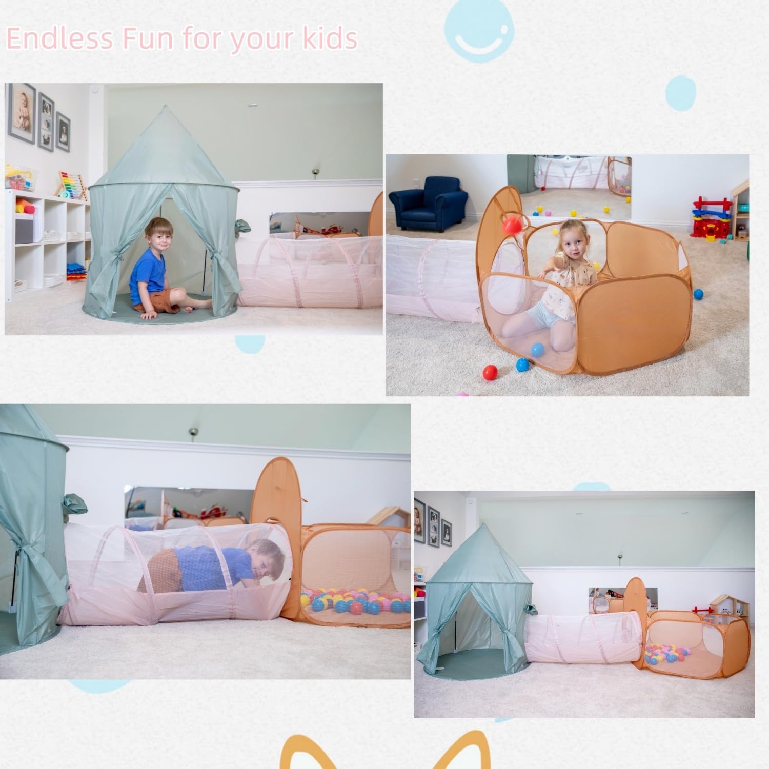 Pointed-Roof 3 in 1 Pop Up Play Tent with Ball Pit | Baby Ball Pit, Tunnel Toys for Toddlers 1-3, Soft Neutral Style