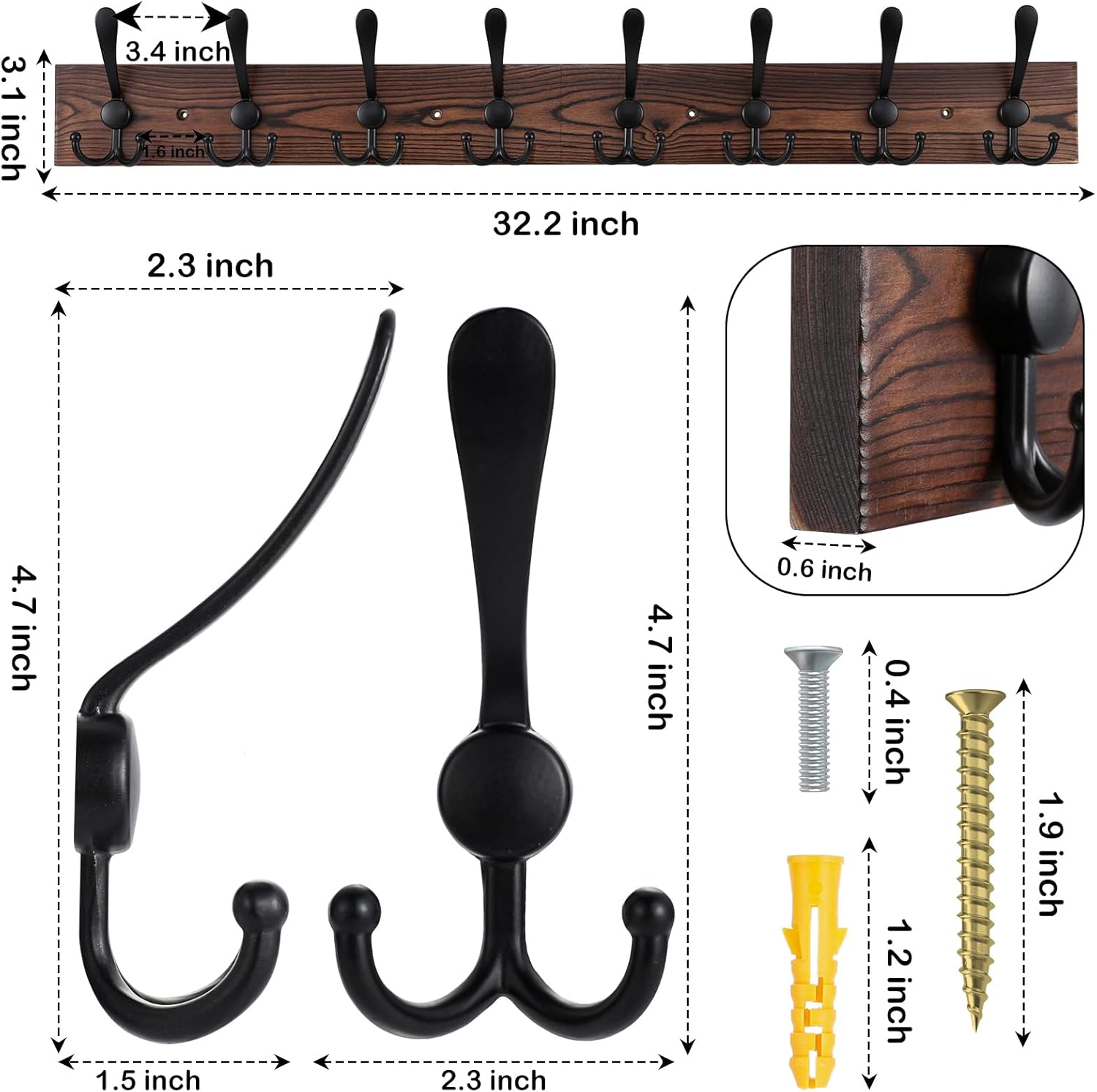 32.2'' Large Coat Rack Wall Mount Coat Hooks Coat Hanger with 8 Metal Black Triple- Hooks Brown Pine Real Wood Plank