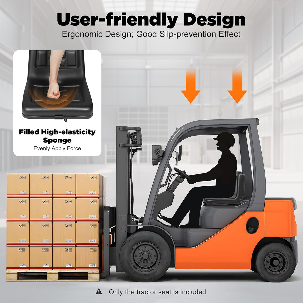 Universal Tractor Seat Replacement, High Back Ergonomic Forklift Seat Adjustable Sliding Rail Thick Padded