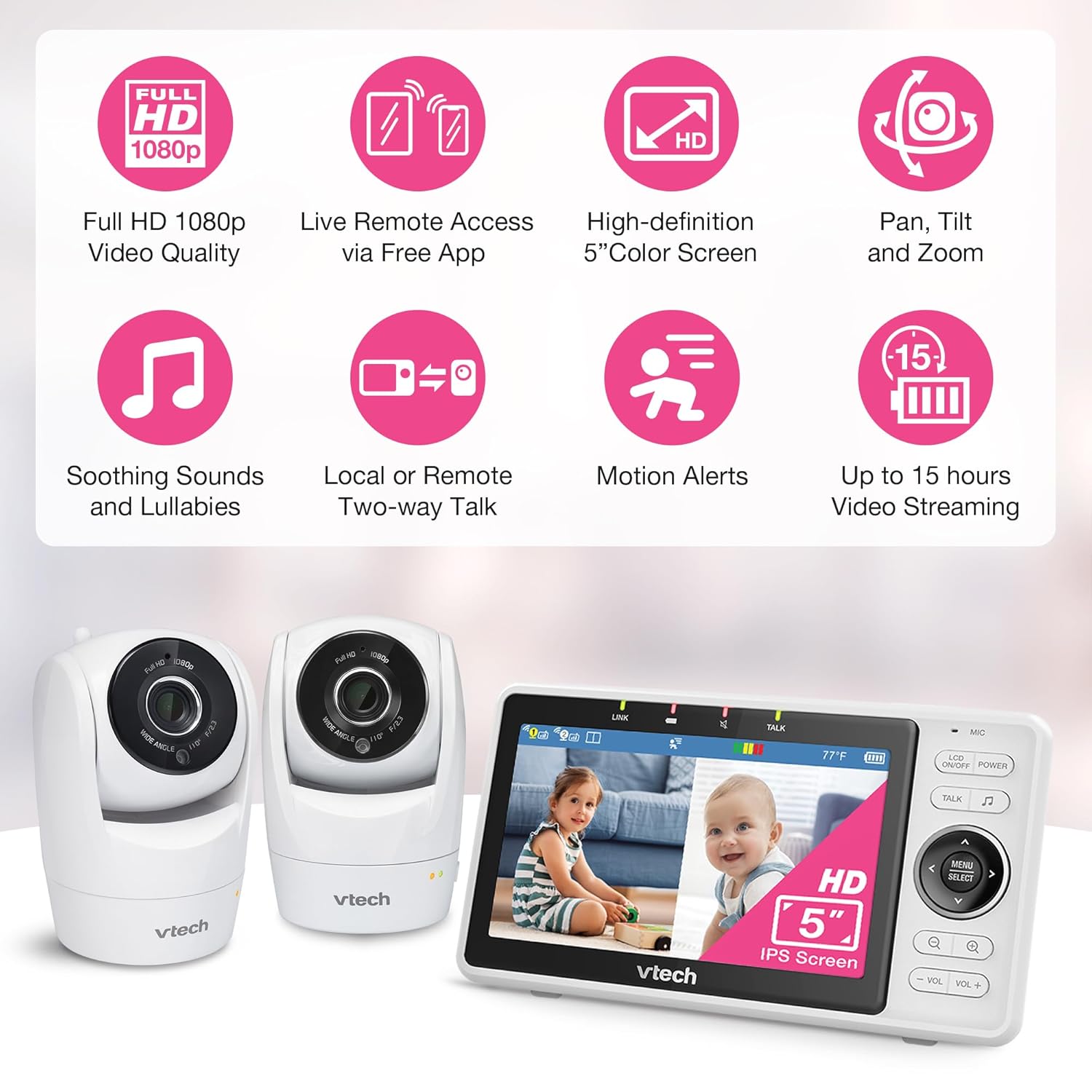 Smart WiFi Baby Monitor, 2 Cameras – See Both Rooms at Home or from Anywhere, Free App, 1080p Split Screen, 5" HD