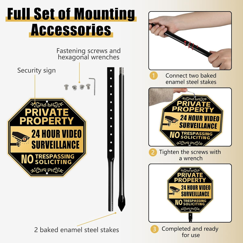 10" x 10" No Soliciting Trespassing Sign with 36" Heavy Duty Steel Stake | Private Property Protected by 24 Hour