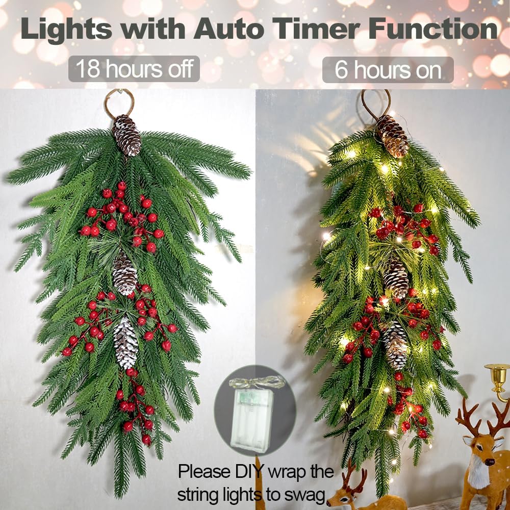 2025 Upgraded 26inch Christmas Swag with Lights Lush Norfolk Pine Teardrop Swags Christmas Wreaths with Lights