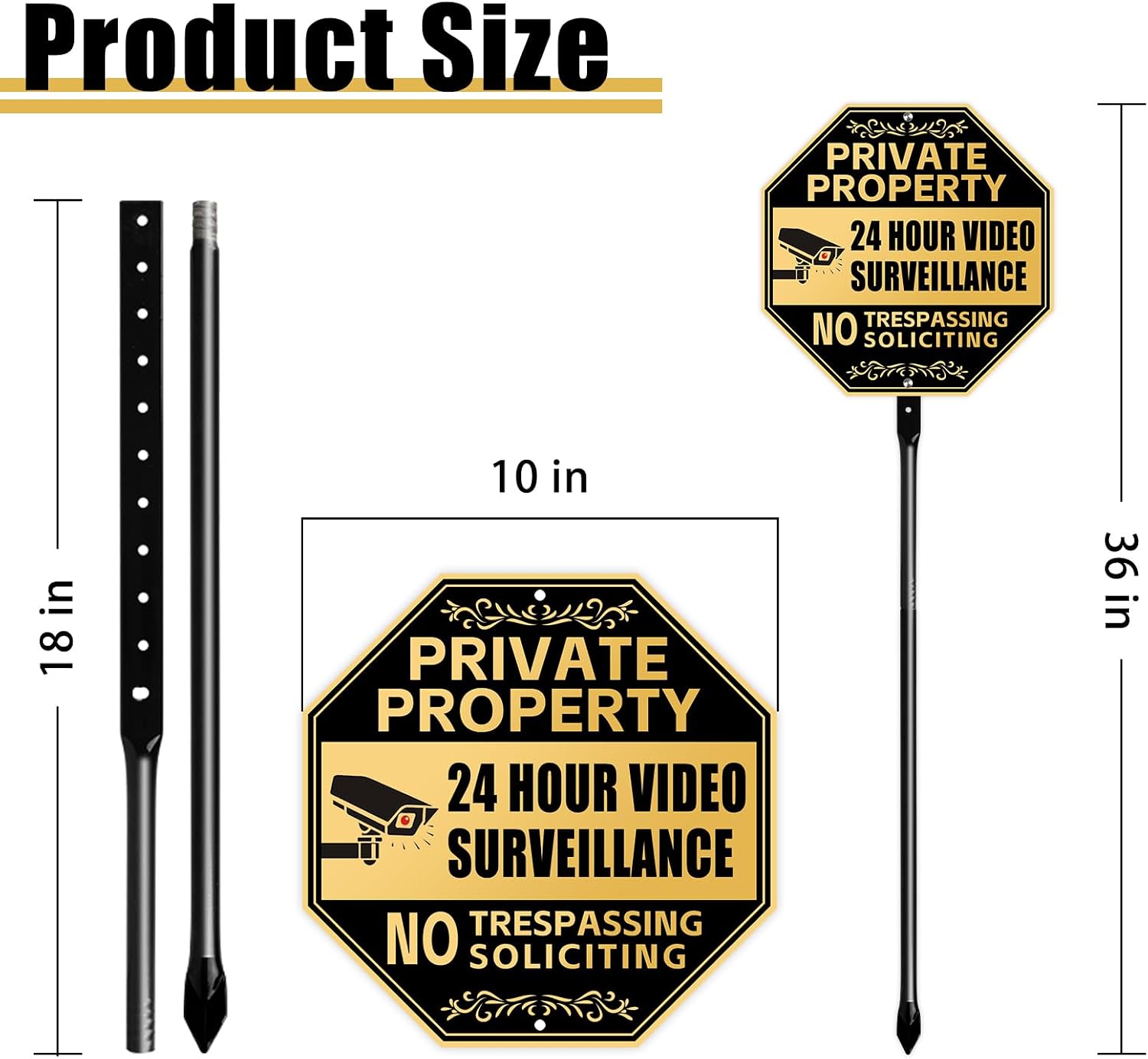 10" x 10" No Soliciting Trespassing Sign with 36" Heavy Duty Steel Stake | Private Property Protected by 24 Hour