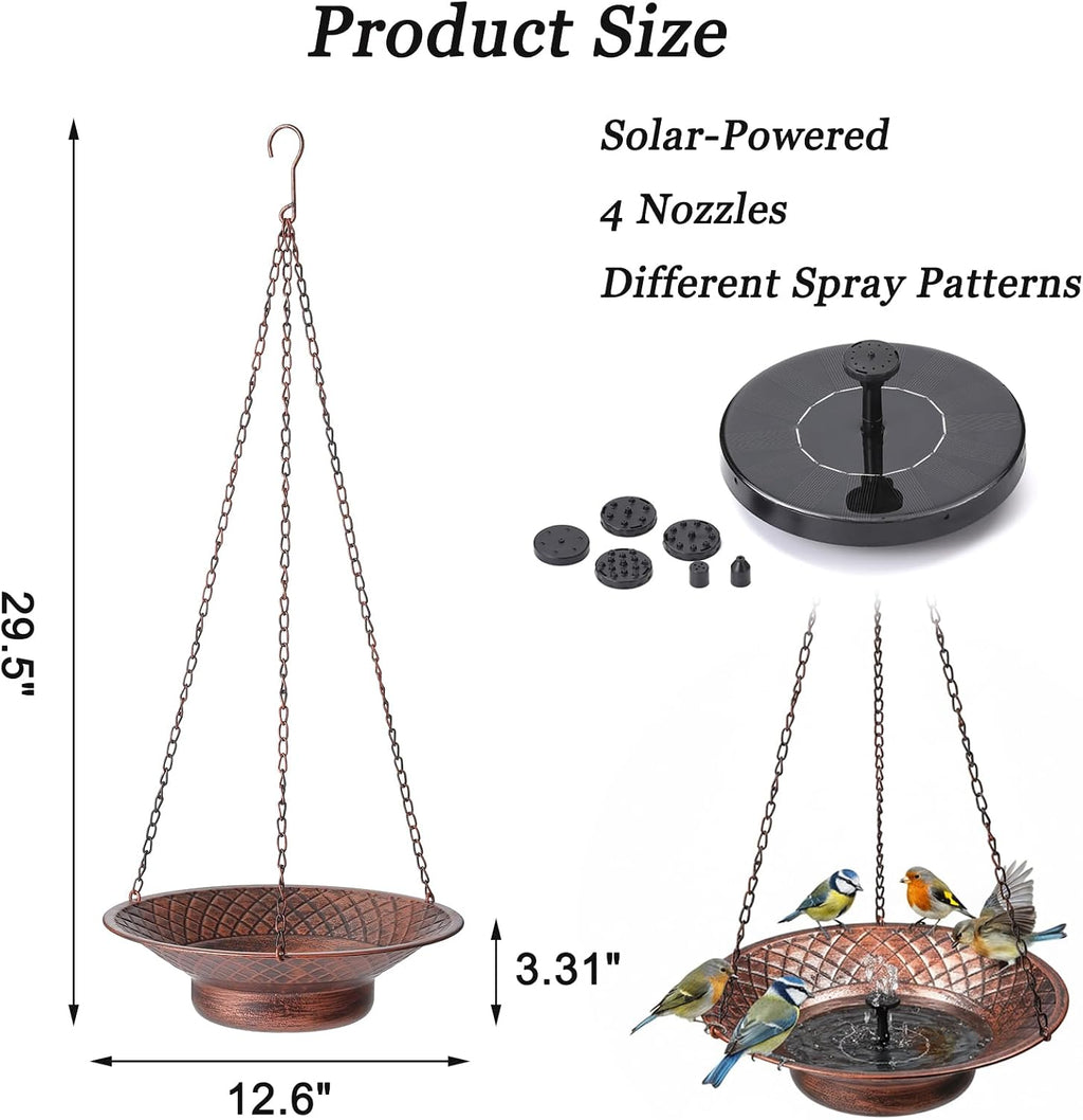 12.6" Hanging Solar Bird Bath, Birdbath Fountain Solar Power, Metal Bird Bath for Outside Hanging, Hanging Bird