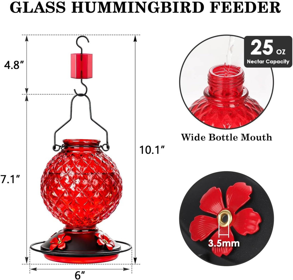 25 OZ Glass Hummingbird Feeder for Outdoors, Leak Proof Hummingbird Feeder with Ant Moat, 4 Bee Resistant Feeding