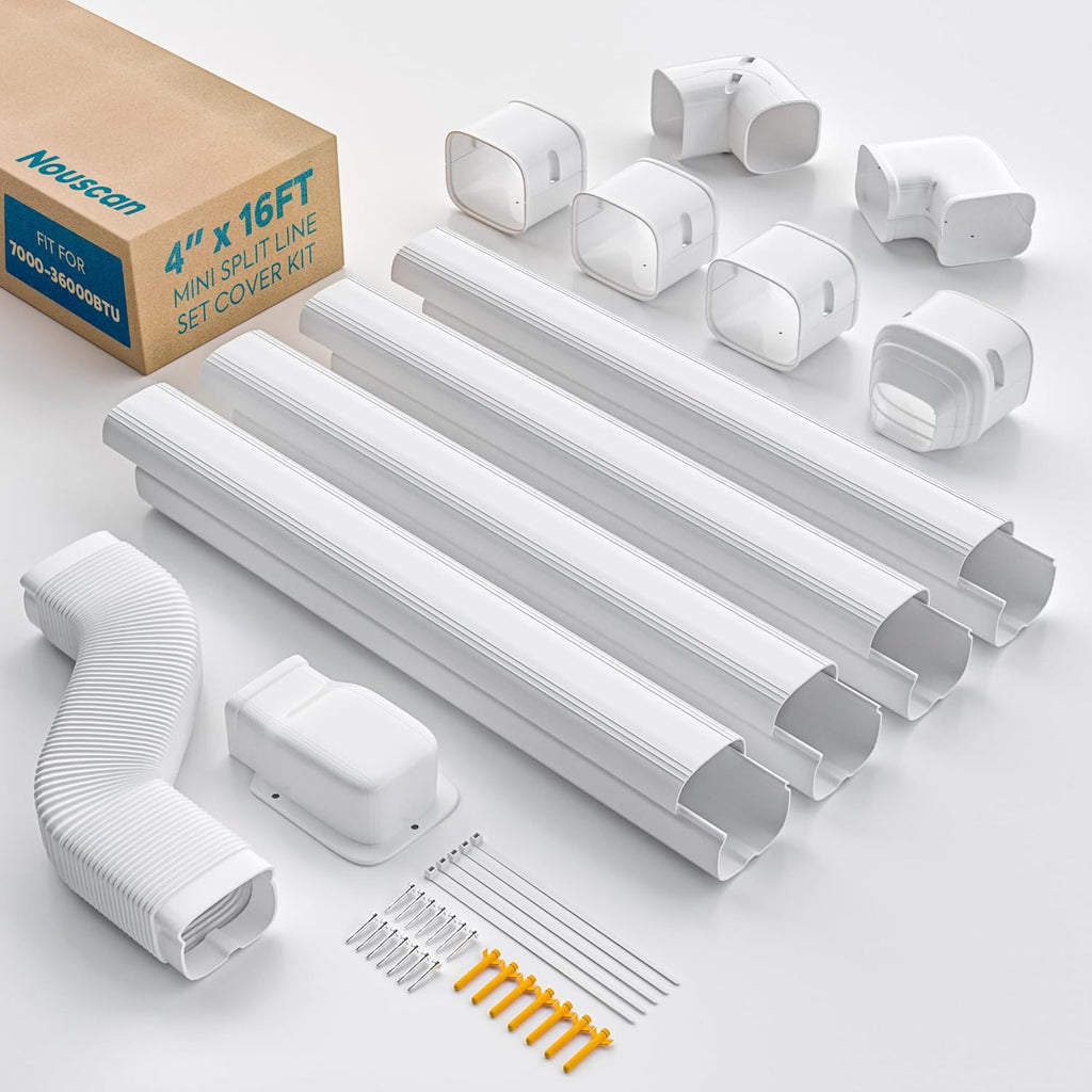 Mini Split Line Set Cover with Flexible Duct, 4" 16Ft, White | Long Ducts, Fewer Joints, Protective Line Hide Cover