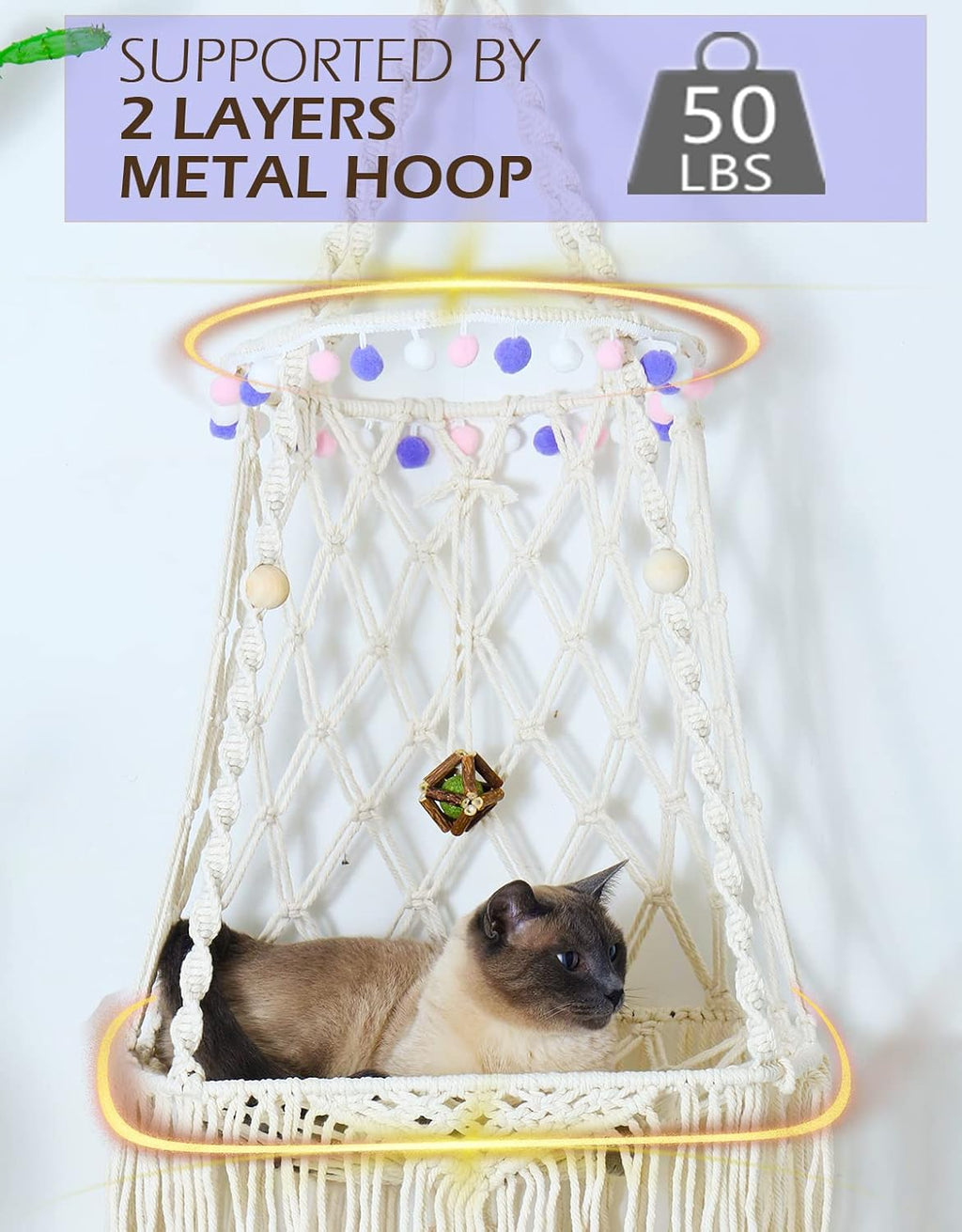 Cat Hammock Macrame Hanging Bed for Large Cats - 50lbs Heavy Duty Cat Swing Wall Mounted Boho Window Perch - Hardware
