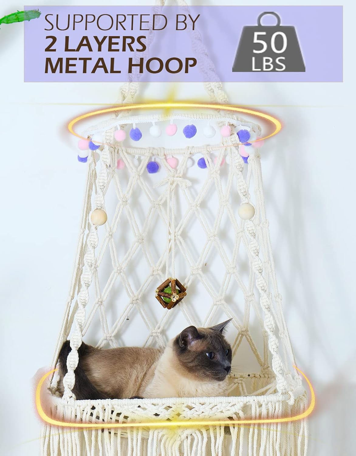 Cat Hammock Macrame Hanging Bed for Large Cats - 50lbs Heavy Duty Cat Swing Wall Mounted Boho Window Perch - Hardware