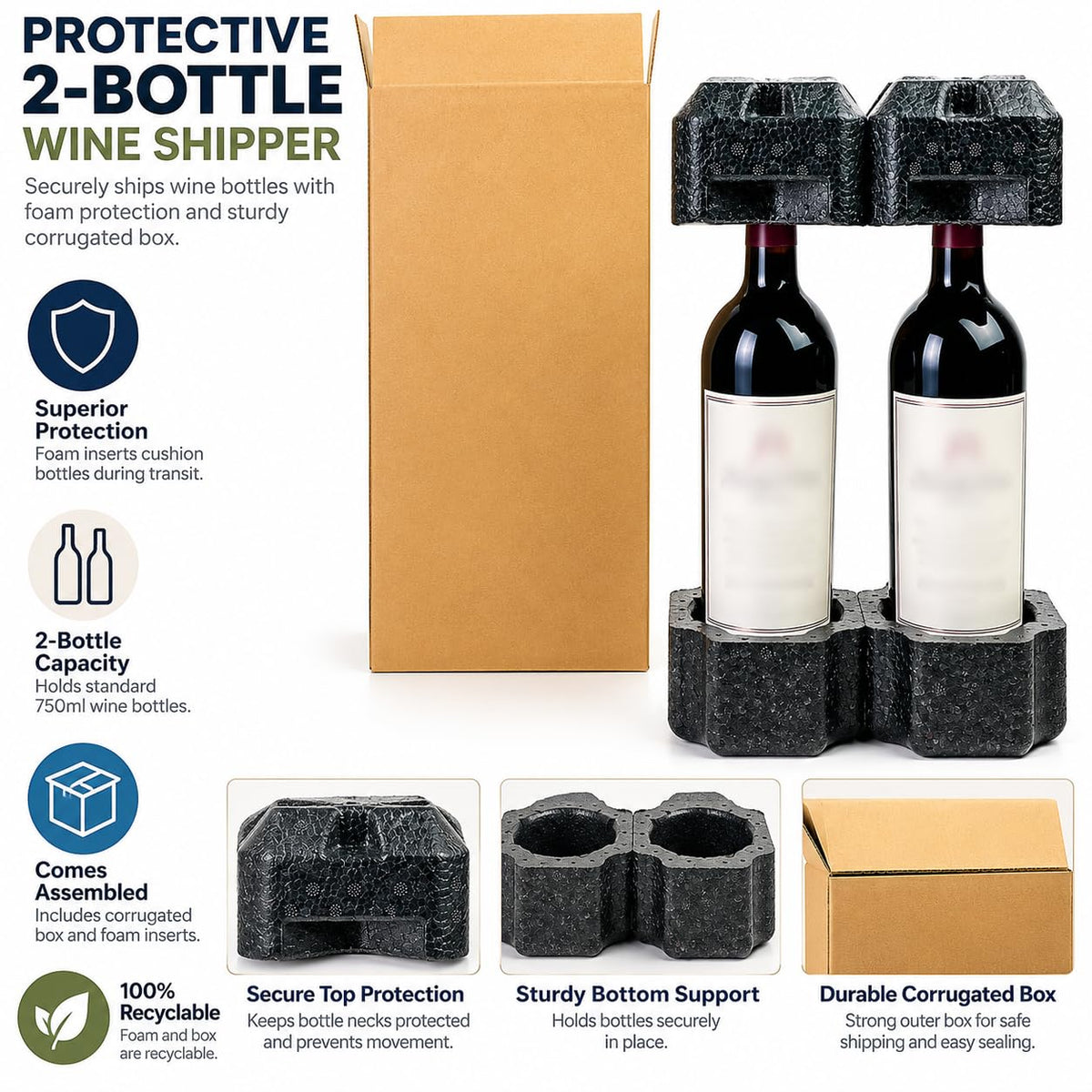 Double Bottle Wine Shipping Box with Protective Foam Insert, Recyclable Corrugated Mailer, Fits Most 750ml Wine