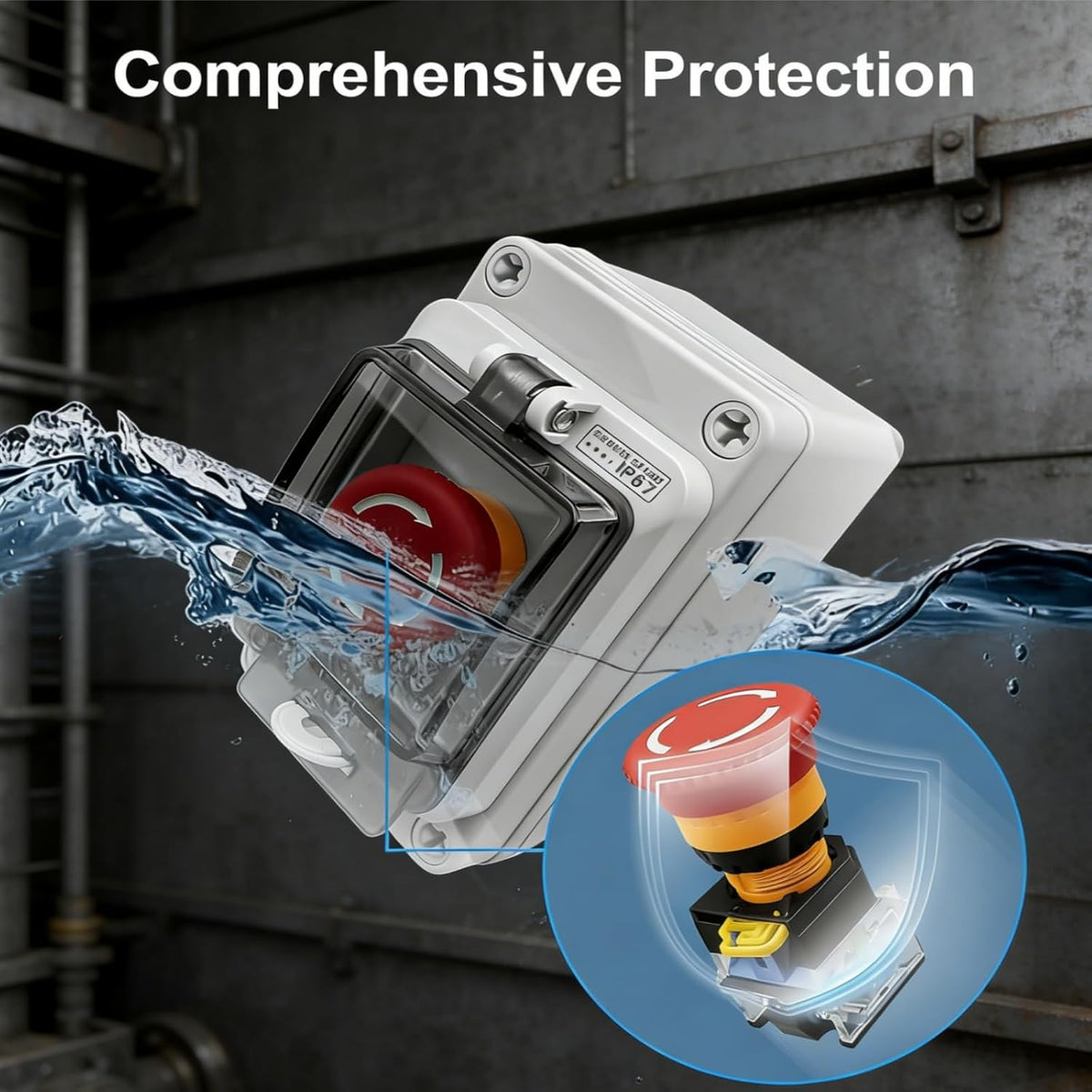 Emergency Stop Button with Weatherproof Box, 660V 10A, IP67 Rated, Emergency Shut Off Switch, E-Stop Red Push Button Switch