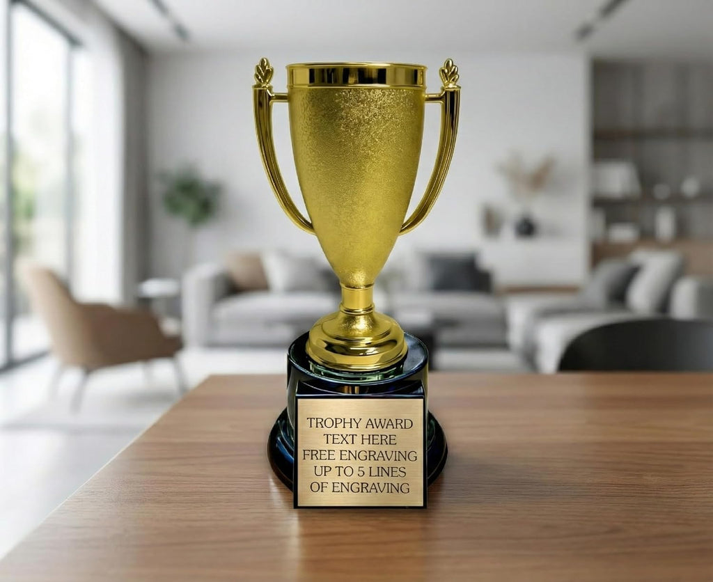 Personalized Trophy Cup with Custom Engraved Plate – 7.5" Gold Award Cup Trophy – Custom Engraving for Team Awards