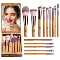 14Pcs Travel Makeup Brush Set, Foundation/Concealer/Eye,LED Mirror (E-Bamboo)