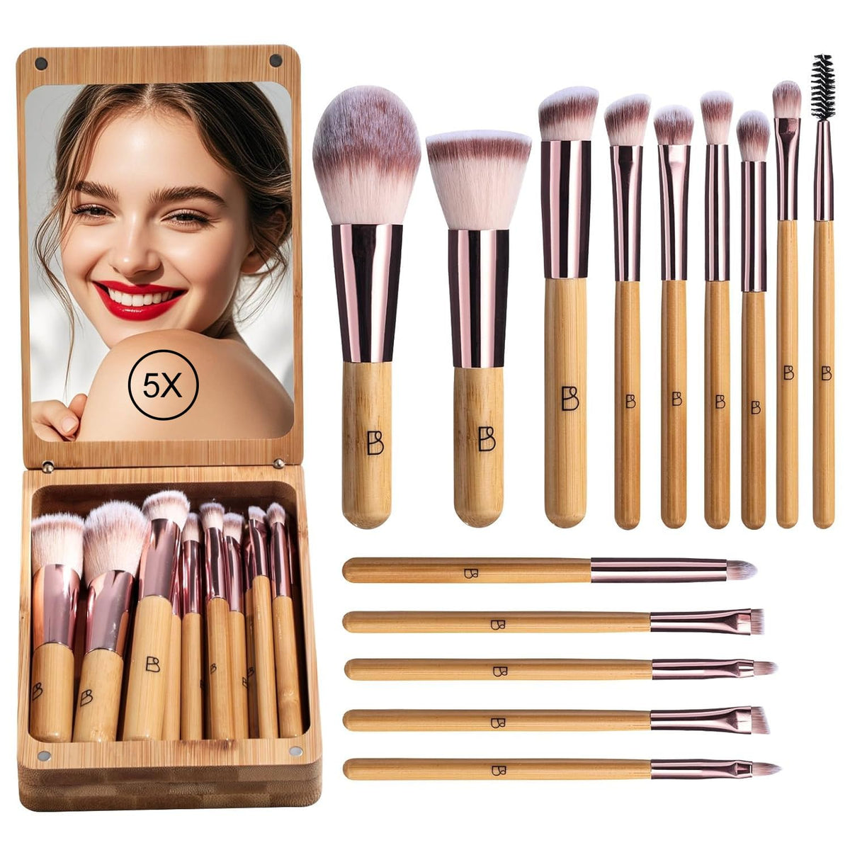14Pcs Travel Makeup Brush Set, Foundation/Concealer/Eye,LED Mirror (E-Bamboo)