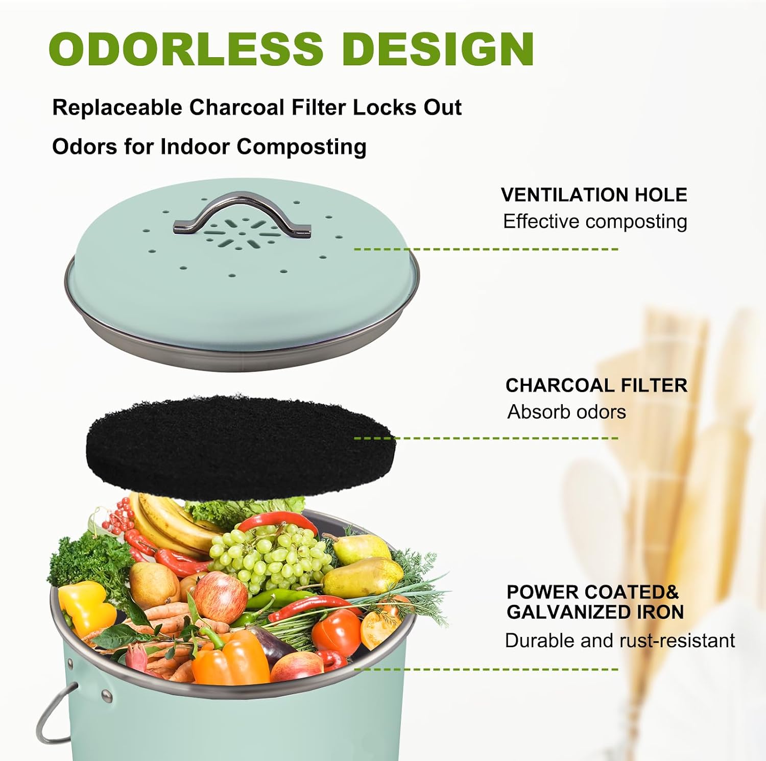 Kitchen Countertop Compost Bin, Odor Resistant Indoor Compost Bin with Lid and Charcoal Filter, Rust Resistant Coated