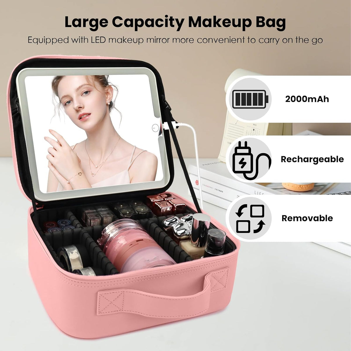 Makeup Bag with Mirror,Portability Cosmetic Case Portable Cosmetic Brush Organizer Bag with Adjustable Dividers,Gift