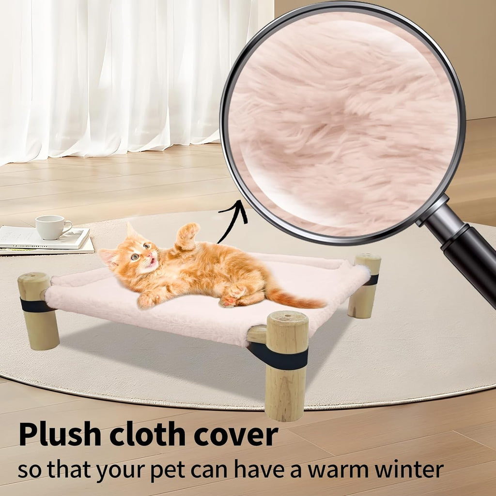 Cat Hammock Bed – Wooden Elevated Cat/Dog Bed with Fluffy Winter Fabric – Raised Pet Cot Furniture for Small Dogs