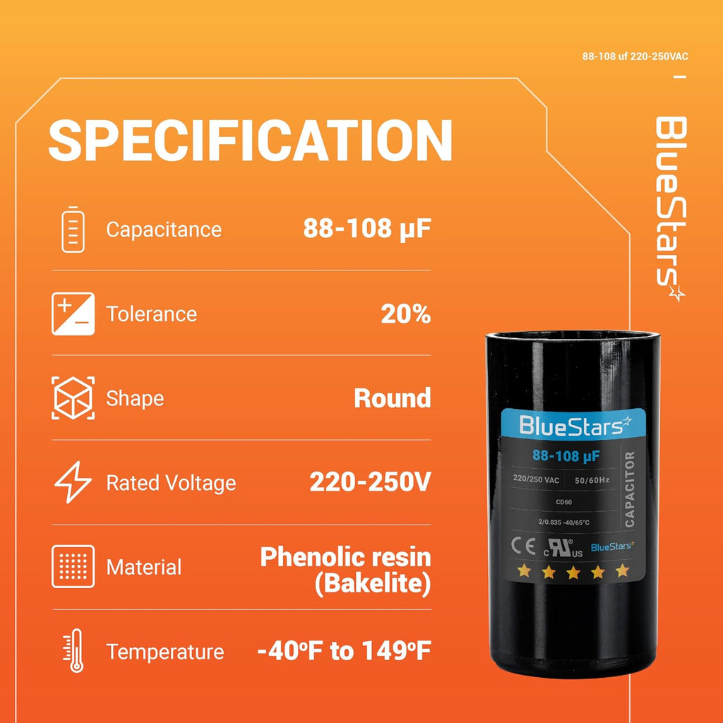 [2025 Upgraded] BlueStars 88-108 uF MFD 220-250VAC Motor Start Capacitor