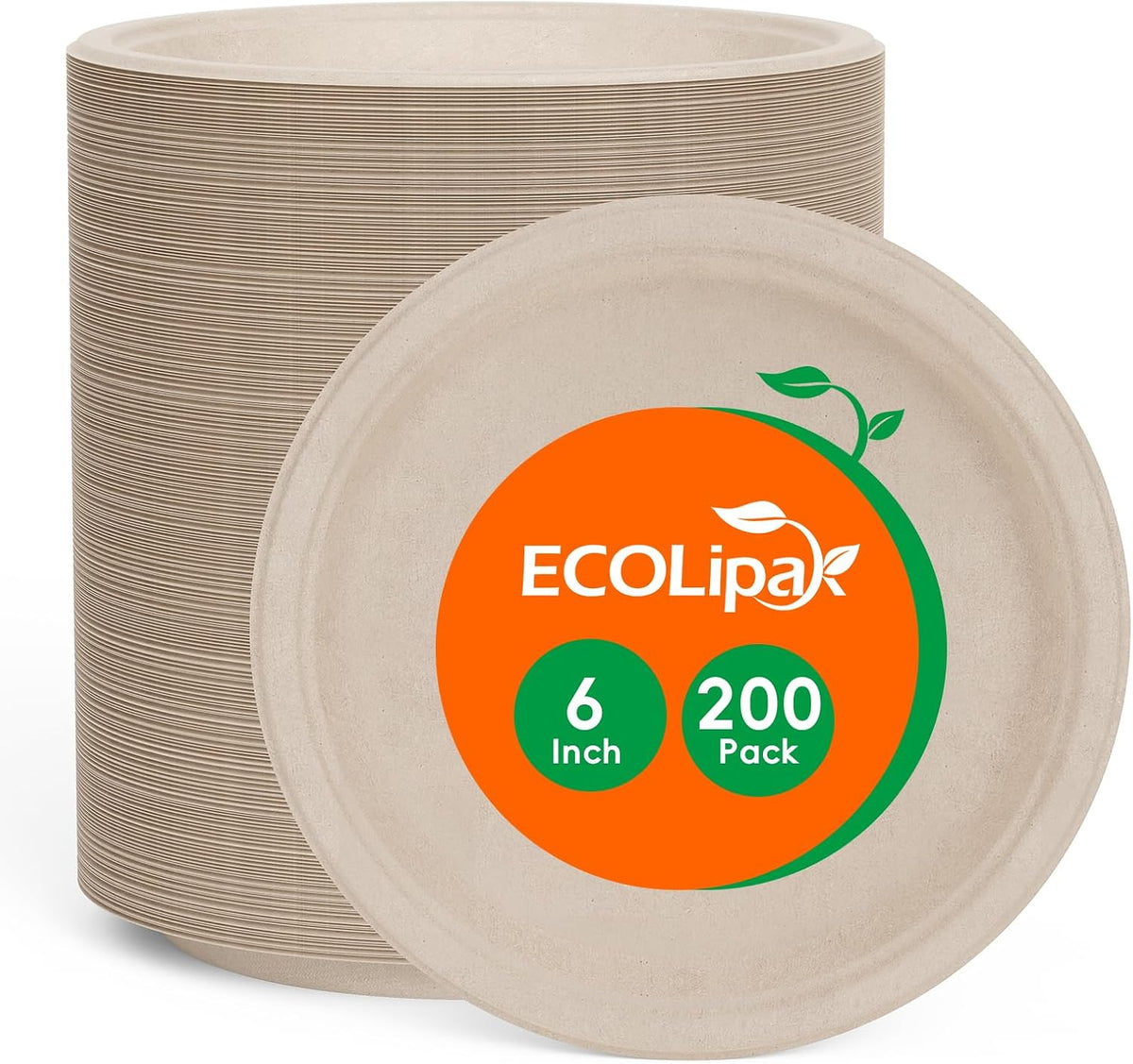 6 in 200 Pack Natural Disposable Compostable Dessert Paper Plates