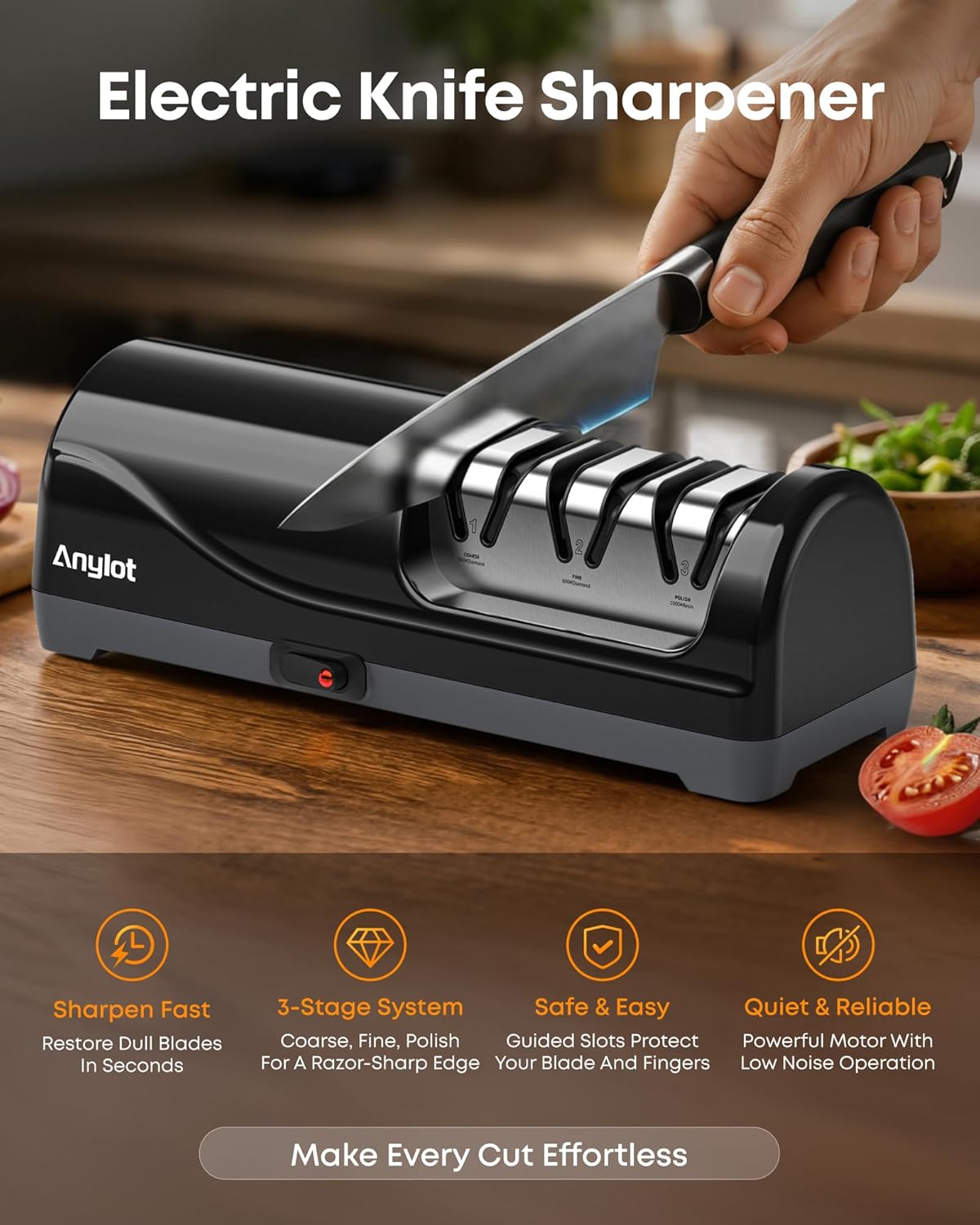 Electric Knife Sharpener for Kitchen, 3-Stage Knife Sharpener Electric with 100% Diamond Abrasives, 20° Precision