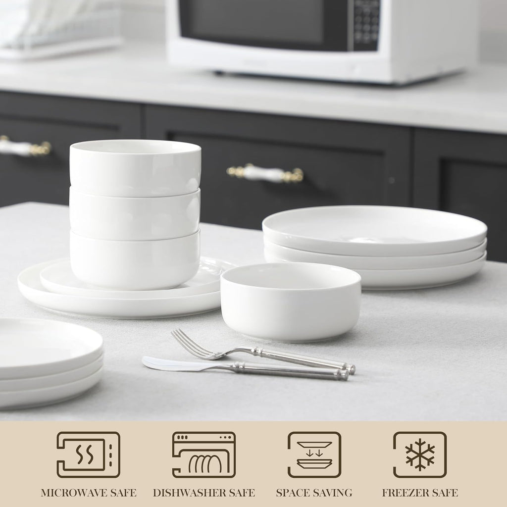 12 Pcs Porcelain Plates and Bowls Sets,Dinnerware Set for 4,White