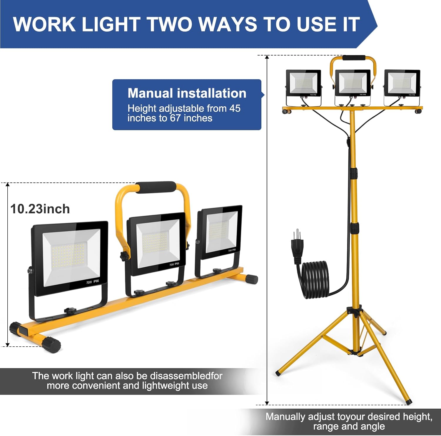 21000Lumens LED Work Lights with Stand, 3 Adjustable Work Lamp Head With Individual Switch, IP66 Waterproof Tripod